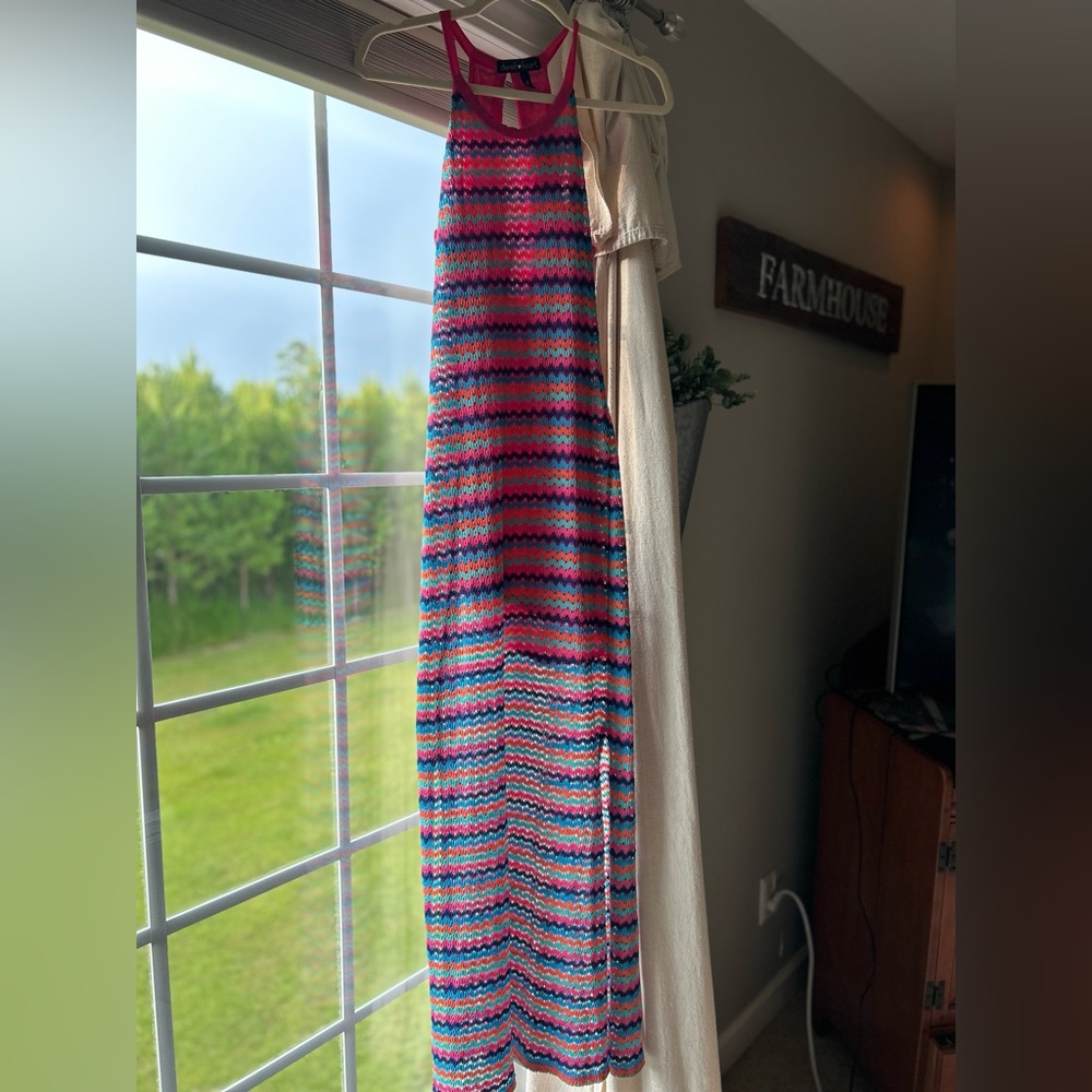 Adorable crochet halter maxi with multi color chevron pattern.